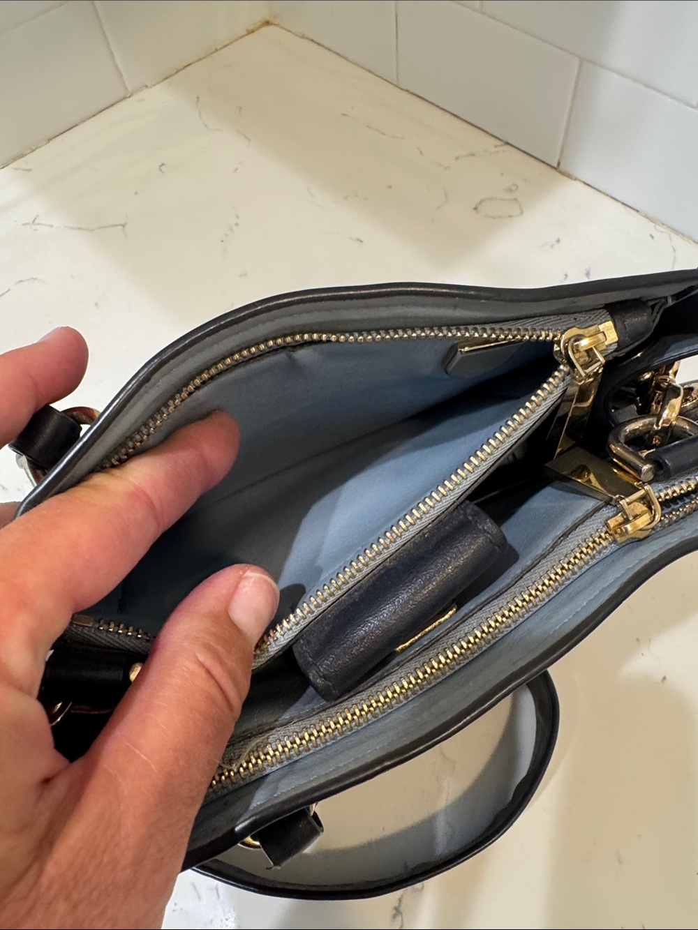Michael Kors Navy Leather Satchel with Gold Hardware - Picture 14 of 16